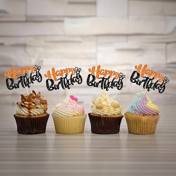 Ephlyn 24Pcs Happy Birthday Cupcake Toppers Double Layer Glitter Happy Birthday Cake Decorations for Halloween Baby Shower Theme Anniversary Party Cake Decorations Supplies Black Orange