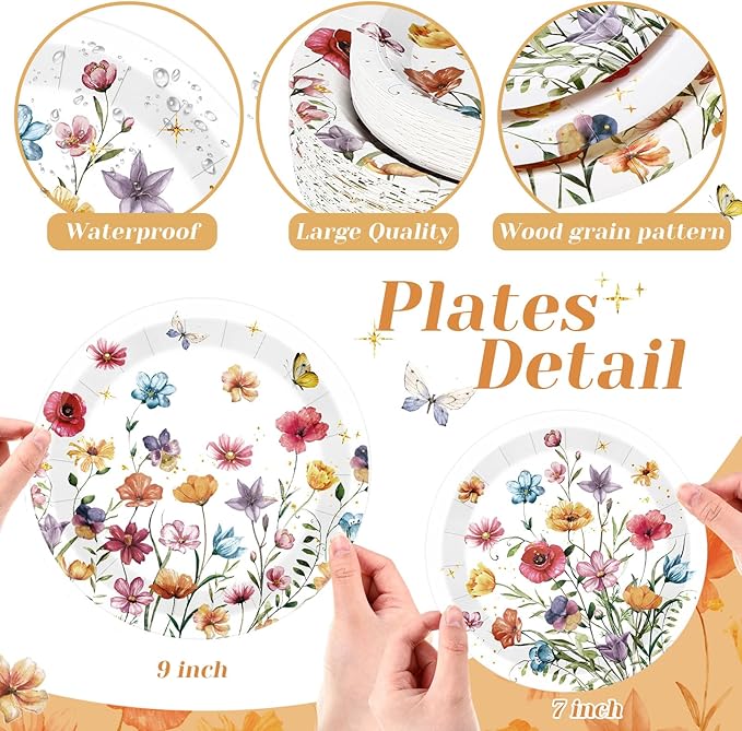 60 Pcs Spring Wildflower Paper Plates 9 in and 7 in Floral Party Decorations Butterfly Plates Wild Floral Disposable Dinner Tableware for Baby Shower Wedding Tea Summer Birthday Supplies