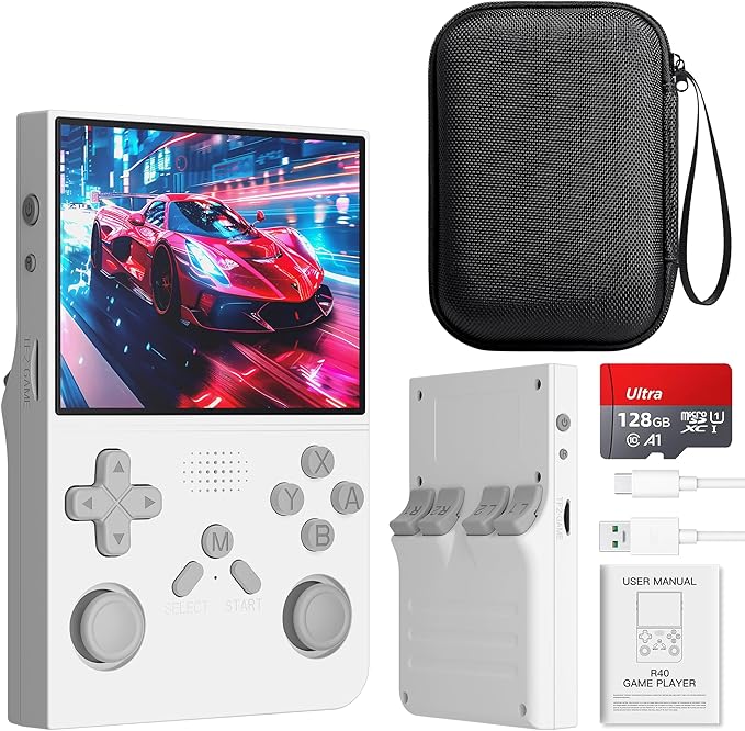 R40 Retro Handheld Game Console with Storage Case - Open Source System,3.5" IPS Screen, 18,000+ Classic Games, 128G TF Card, 3000mAh Battery, Portable Gaming Player for Travel, White