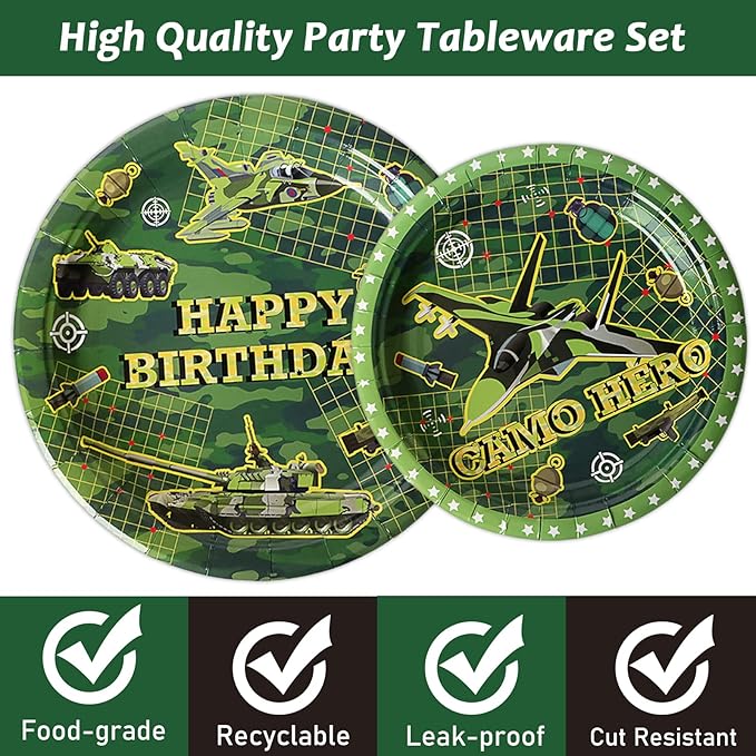 96 Pcs Camo Birthday Plates and Napkins Party Supplies Military Happy Birthday Tableware Set Army Camouflage Party Decorations Favors for Soldier Men for 24 Guests