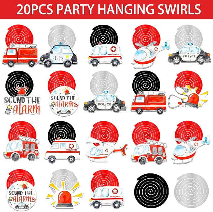Emergency Vehicle Party Decorations 20PCS Rescue Vehicles Hanging Swirls Ambulance Firetruck Police Ceiling Streamers First Responders Birthday Baby Shower Wedding Party Supplies