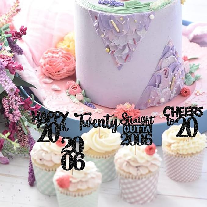 30PCS Black 20th Birthday Cupcake Toppers Glitter Twenty Happy 20th Straight Outta 2006 Cupcake Picks for Cheers to 20 Years Birthday Wedding Anniversary Party Cake Decorations Supplies
