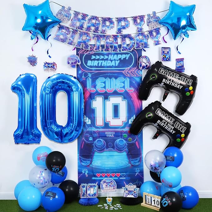 10th Birthday Decorations for Boys, Video Game Level 10 Birthday Decorations Include Banner Backdrop Sash Honeycomb Centerpieces Hanging Swirls Stickers Cake Topper for Gamer Party Supplies
