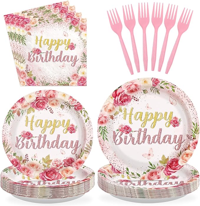 96Pcs Rose Floral Birthday Party Supplies Rose Gold Pink Floral Plates and Napkins Tableware Sets for Womens Girls Lady Happy Birthday Flowers Party Decorations Serves 24