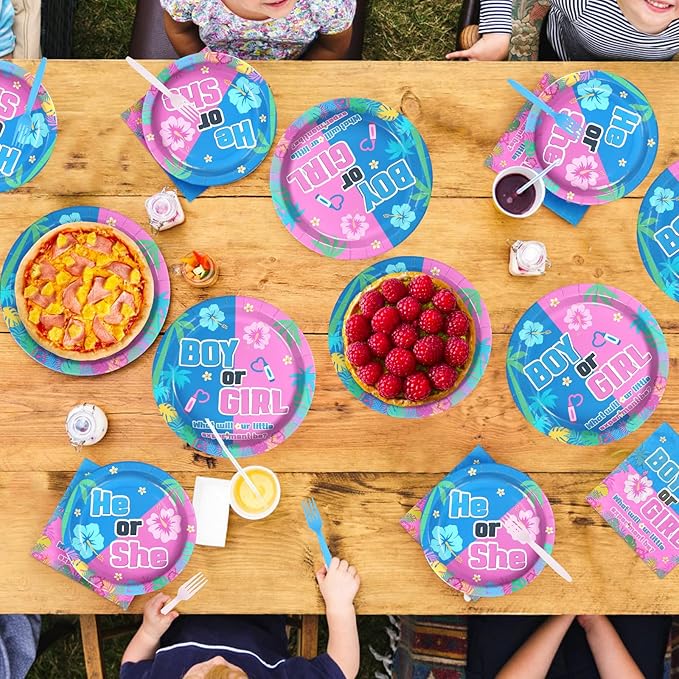 96Pcs Hawaiian Party Decorations Hawaii Tropical Cartoon Plates and Napkins Sets Blue and Pink Hawaiian Aloha Decorations for Boy or Girl He or She Gender Reveal Baby Shower Party Supplies Serves 24