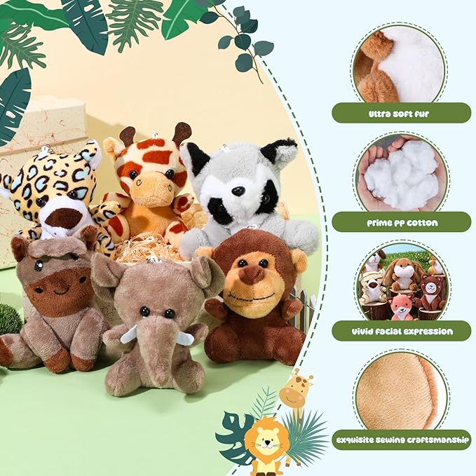 Skylety 12pcs Mini Safari Stuff Animal 3.9 Inch Cute Jungle Stuffed Animal Lion Rabbit Owl Hedgehog Monkey Tiger Zebra Elephant Leopard Hippopotamus Rhinoceros for Easter Holiday Gifts