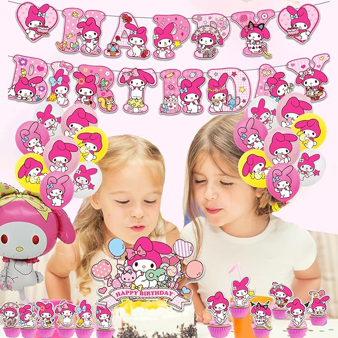 Melody Birthday Party Decorations, Kawaii Cartoon Party Supplies with Banner, Cupcake Cake Toppers and Foil Balloons Party Favors for Fans Birthday Background Decorations