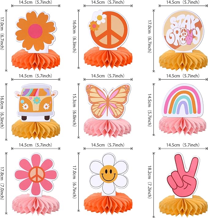 9 PCS Hippie Party Honeycomb Table Centerpiece Peace Sign Hand Butterfly Dasiy Flower 60s Retro Boho Two Groovy Table Toppers Centerpieces Decorations for Hippie Carnival Birthday Party Supplies