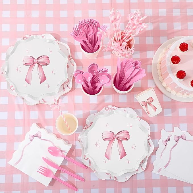 Sawysine 202 Pcs Pink Bow Party Supplies Serve 25 Disposable Dinnerware Set Coquette Birthday Decoration, 50 Bow Plates 25 Cups 25 Napkins 25 Plastic Forks 25 Knives 25 Spoons 25 Straw Flag Tablecloth
