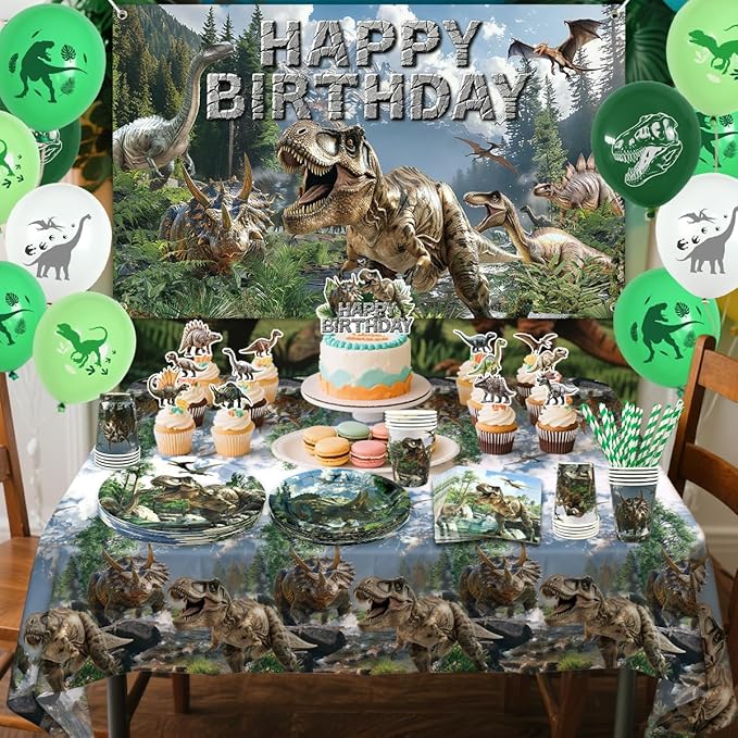 Dinosaur Birthday Party Supplies Kit for Boys, Dino Birthday Decorations-20 Guest-Include Plates, Napkins, Cups, Tablecloth, Backdrop, Balloons, Cake Topper, Tableware