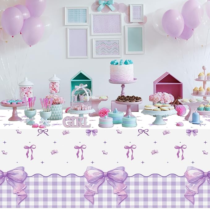 3Pcs Purple Bow Party Tablecloths - Purple Bow Knot Party Table Covers Decorations Rectangular Plastic Disposable Table Cloth Decor for Kids Girls Women Birthday Baby Shower Supplies