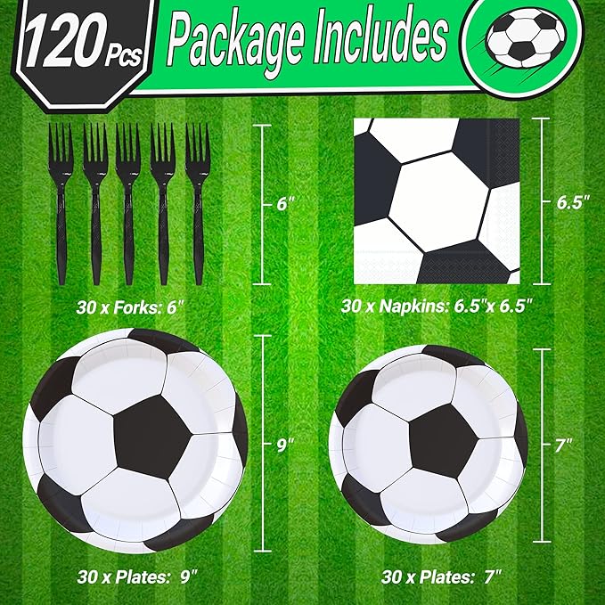 120 Pcs Soccer Party Supplies Bundle Paper Plates Napkins Forks Soccer Party Birthday Decorations For Kids Serves 30