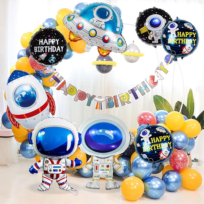 8 Pcs Space Balloons 33 Inch Astronaut Mylar Airship Planet Rocket Galaxy Foil Balloons for Outer Space Galaxy Themed Birthday Party Decorations