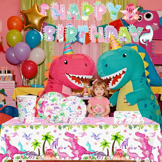 4ps Dinosaur Party Table Cloths Pink Dinosaur Birthday Disposable Plastic Tablecover Tablecloth Watercolor T-Rex Dino Party Supplies Decorations for Girls 1st 2nd 3rd 10th Dino Bday Decor