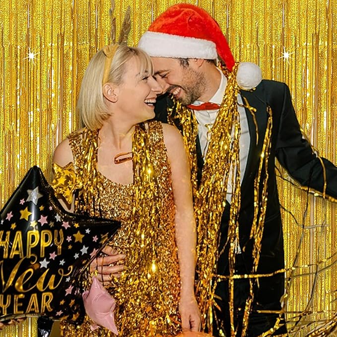 3 Pack Gold Backdrop Birthday Decorations Foil Curtain Backdrop Gold Streamers Dance Party Decorations Photo Booth Props for Bachelorette Decorations Christmas Halloween New Years Eve Party Supplies