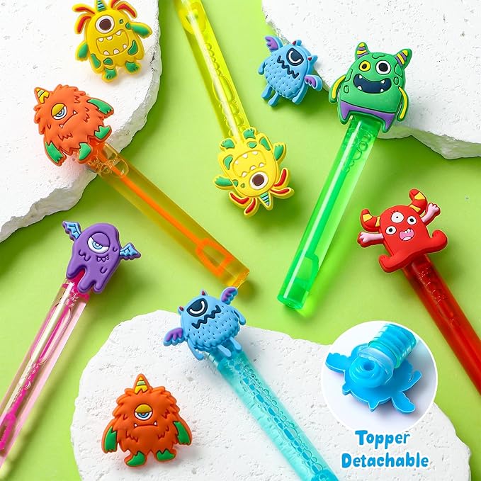 Winrayk Monster Party Favors, 24Pcs Self-designed Mini Bubble Wands for Kids Bubbles Bulk with Detachable Topper (6 Styles & Colors), Birthday Gift Toy Pinata Filler Goodie Bag Stuffer Classroom Prize
