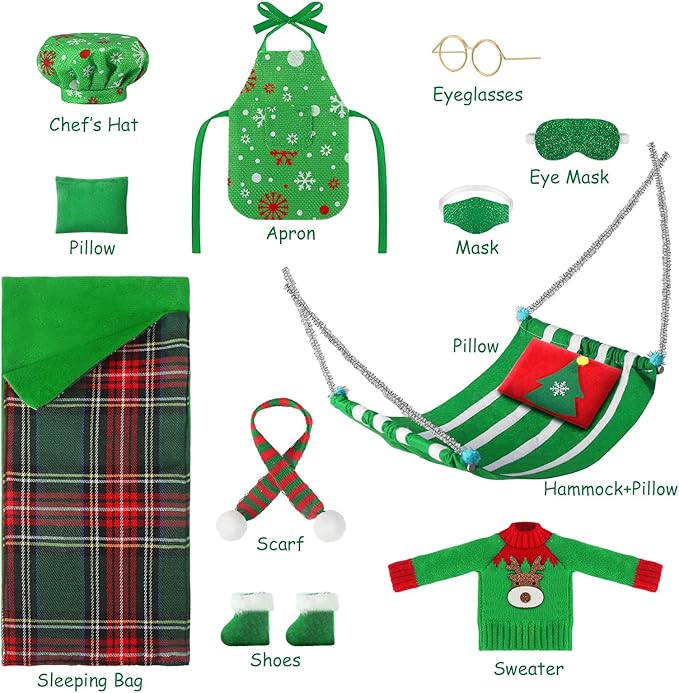 Kacctyen 11 Pcs Christmas Accessories Include Christmas Sleeping Bag Apron Chef Hat Scarf Glasses Pillow Eye Mask Shoes Mask Hammock for Decor