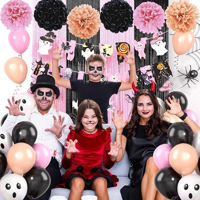 Pink Halloween Party Decorations Set,Include HAPPY HALLOWEEN Banner,Foil Balloons,Cute Hanging Swirl,Fringe Curtain,Paper Pompoms Indoor Outdoor Halloween Party Supplies