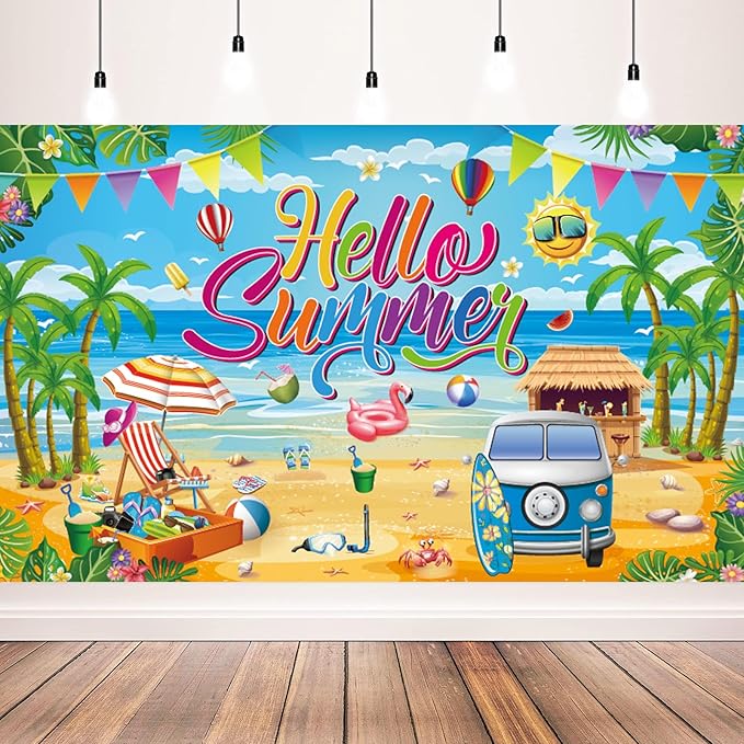 Hello Summer Party Decorations, Hello Summer Backdrop Banner for Hello Summer Party Decorations Supplies, 71 x 43 inch
