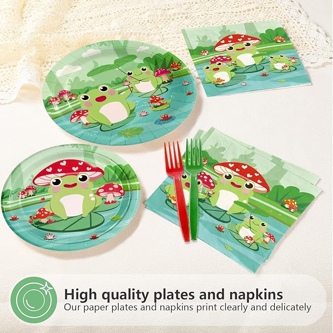 96Pcs Frog Party Supplies Frog Birthday Plates and Napkins Green Animals Tableware Set for Kids Boy Girl Fairy Tale Prince Theme Frogs Birthday Baby Shower Party Supplies，Serves 24