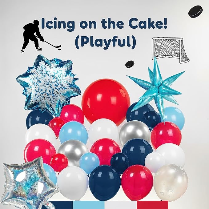 Hockey Birthday Party Decorations & with Red White Blue balloon arch & Snowflake printed Exploding stars Foil balloons for Kids Fans Boys Game Time Winter sports Themed Party Decor Supplies
