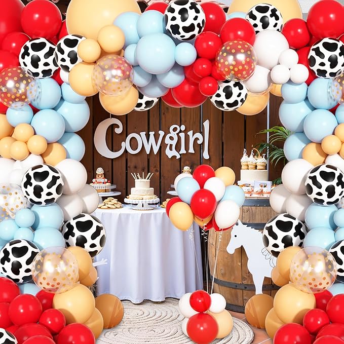 170Pcs Cowboy Western Balloons Arch Garland Kit,Red and Blue Cow Print Balloons for Western Cowboy Cowgirl Farm Animal Themed Baby Shower Birthday Party Decorations Supplies