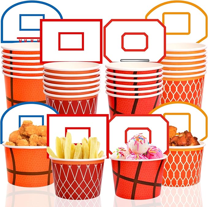 WorldBazaar Basketball Party Supplies Kids 24 Sets Basketball Hoop Snack Cups Paper Snacks Bowl Disposable Ice Cream Bowls Basketball Party Decorations