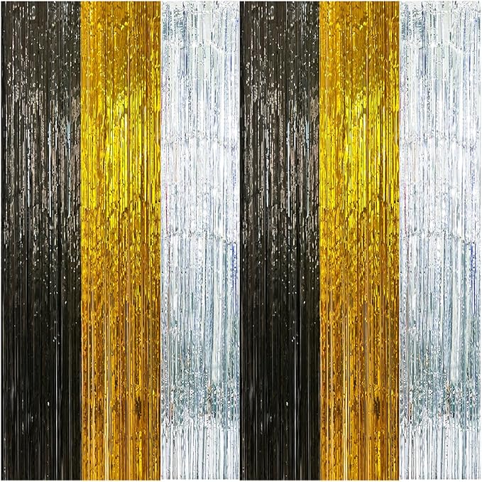 2 Pack Construction Foil Fringe Curtains, 3.3x6.6 Ft Black Gold and Silver Tinsel Backdrop Party Decorations Door Streamers for Birthday Wedding Engagement Decor,Photo Booth Props