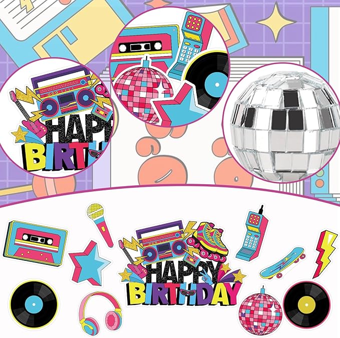 Hooqict 26 PCS 80s Cake Decorations 80s 90s Cake Toppers Retro 1980s Hip Hop Cake Decorations with Glitter Balls Cupcake Toppers for Neon Throwback Birthday Party Supplies