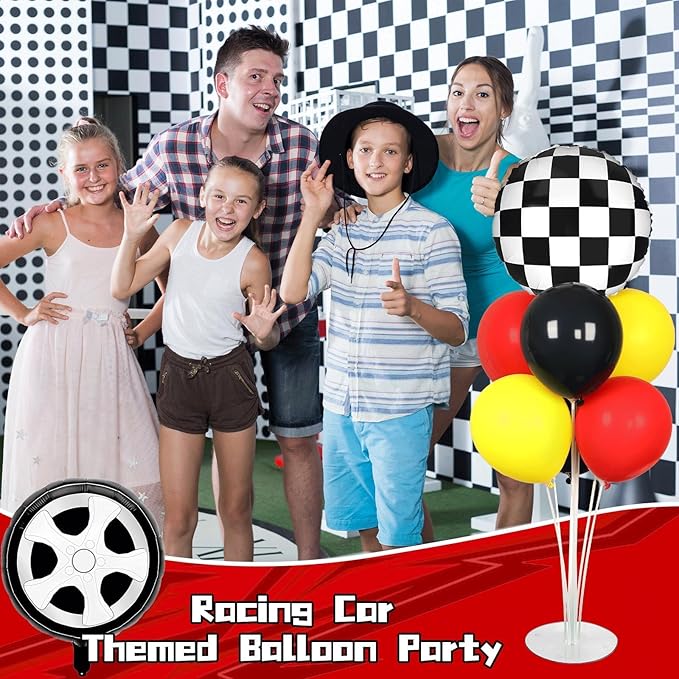 Race Car Party Balloons Stand Kit 2 Sets With 2 Checkered Foil Balloon Racing car Party Balloon Red Black Yellow Race Car Birthday Party Decor Set For Boys Let's go Racing New Year Party Decorations