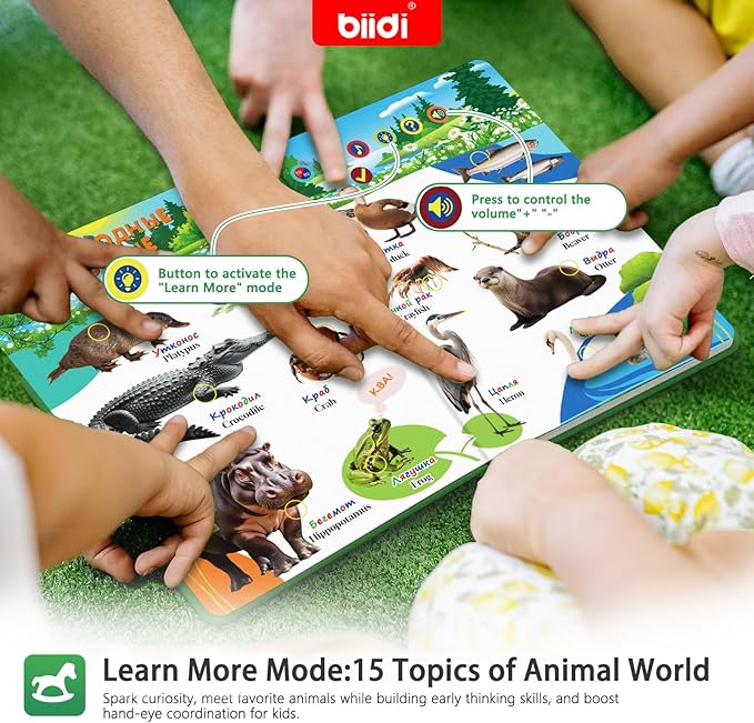 English & Russian Bilingual Interactive Sound Book for Toddler 3-5,40 Songs&30 Stories,Rechargeable Talking Book,Learing Toy for Kids,Boys Girls Birthday, 1600+ Sounds,171 Animals