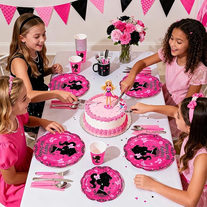 168Pcs Hot Pink Birthday Party Supplies Set Black Fashion Girl Plates and Napkins Cute Princess Decorations Tableware Set for Birthday Disco Party Supplies，Serves 24