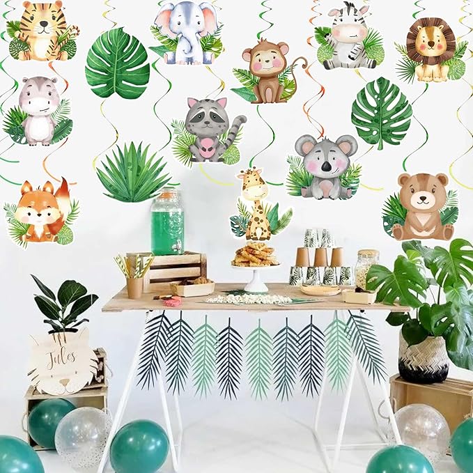 35Pcs Jungle Animals Hanging Swirl Wild One Party Birthday Decor Jungle Safari Animal Themed Wild One Birthday Party Swirls Streamers Supplies for Baby Shower Decorations