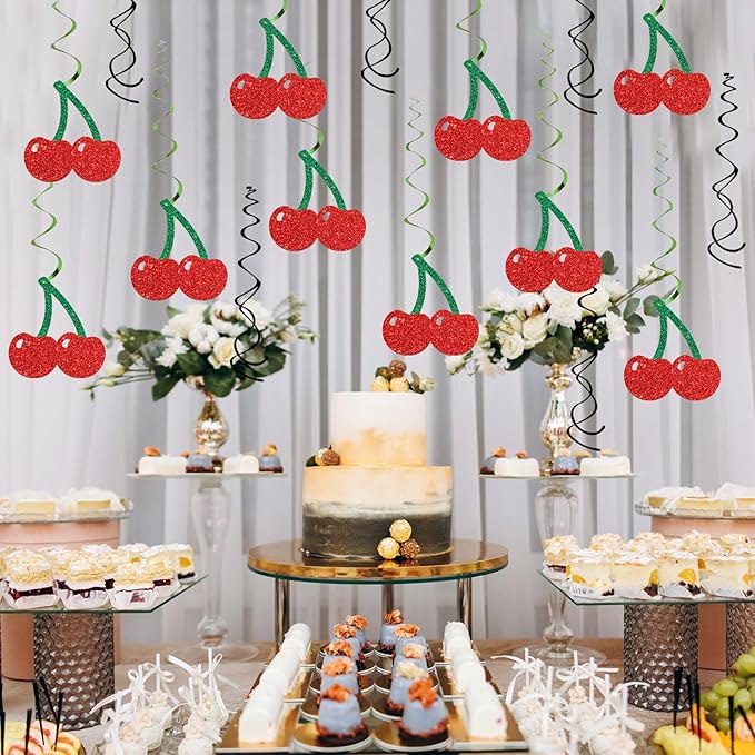 Fruit Cherry Hanging Swirl Decorations - Glitter 16 Pcs Baby Shower Party Supplies - Girl Cherry Birthday Party - Engagement - Wedding Streamers - Sweet Cherry Party Foil Swirls Ceiling Decorations