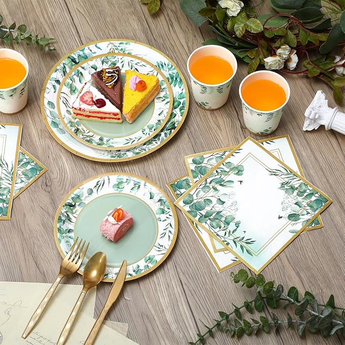 350 Pcs Tea Party Supplies Spring Summer Sage Green Tableware Set Disposable Plates Napkins Paper Cups Plastic Cutlery Set for Birthday Bridal Baby Shower Serves 50