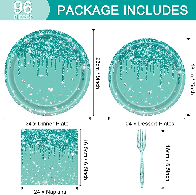 96 Pcs Blue Green Silver Birthday Party Plates Napkins Forks Supplies Tableware Set Disposable Paper Glitter Theme Decoration for Kids, Serves 24 Guests