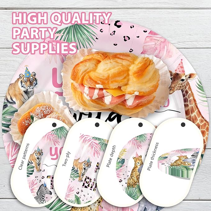 96Pcs Young Wild and Three Party Supplies Safari 3rd Birthday Plates and Napkins Safari Jungle Animal Disposable Paper Tableware Set for Girl 3 Year Old Birthday Party Supplies Serves 24