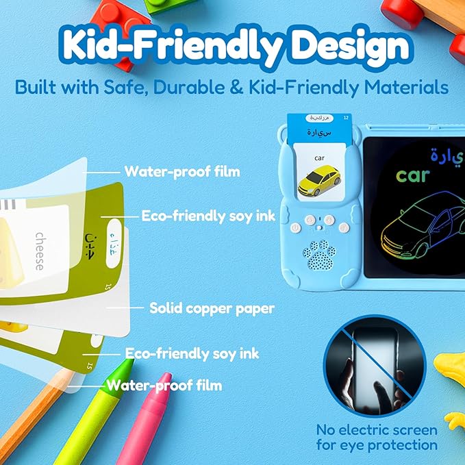Drawing Tablet with Bilingual Flashcards for Kids - Arabic English Talking Flash Cards, LCD Writing Pad Board, Pocket Speech for Toddlers, Learning Toy Gift for Boys Girls (Arabic, Blue)