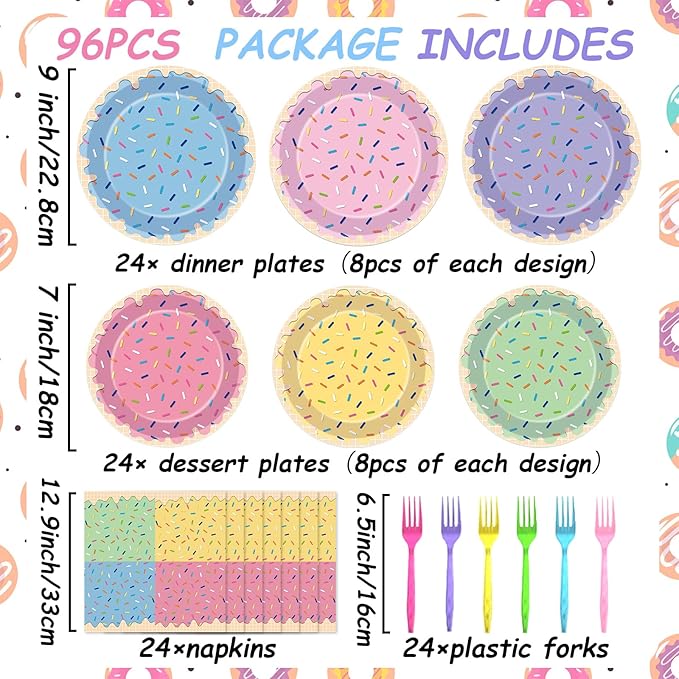 96Pcs Ice Cream Party Decorations Sweet One Birthday Plates Tableware Set Colorful Sprinkle Dessert Theme Dinner Paper Plates Napkins Donut Theme Dinnerware for Girls Baby Shower Party Supplies Favors
