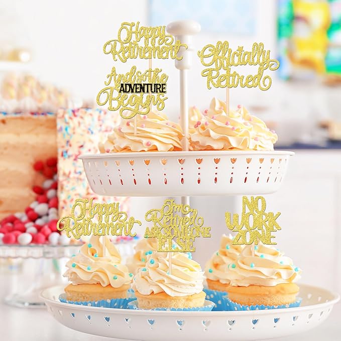 30 PCS Happy Retirement Cupcake Toppers Officially Retired Cupcake Picks No Work Zone Adventure Begins Cake Decorations for Retirement Theme Farewell Birthday Party Supplies Gold