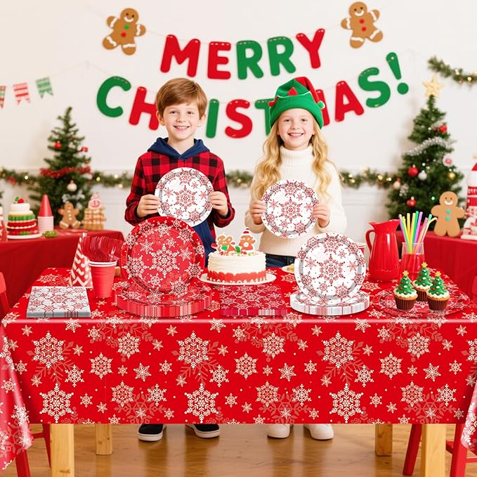 Christmas Snowflakes Plates Set for 20 Guests, Including Red Snowflakes Tablecloth, Napkins, Forks and Plates for Xmas Winter Holiday New Year Party Decorations