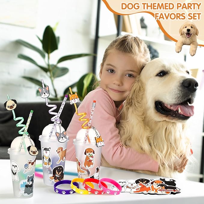 194 Pcs Dog Party Favors Goody Cup Fillers, Dog Birthday Party Decorations Straws Keychains Pencils Bracelets for 100th Day of School Puppy Parties Supplies, Goodie Bag Supplies