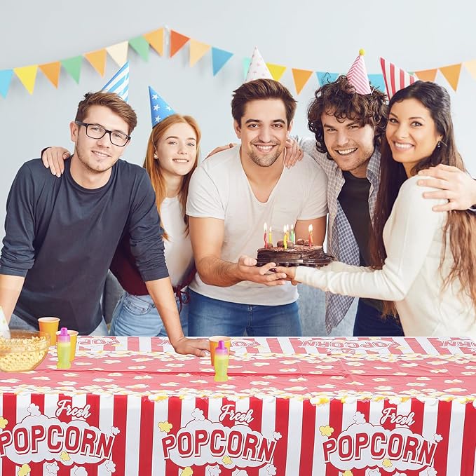 Breling 3 Pieces Popcorn Tablecloth 54 x 108 Inch Plastic Popcorn Table Cover Party Decorations Carnival Circus Movie Night Supplies Carnival Birthday Party Supplies Tablecovers