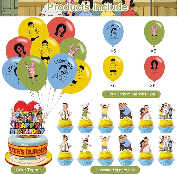 Bobs Burgers Party Decorations - Birthday Supplies with Banner, Cake Topper, 12 Cupcake Toppers, 18 Balloons, 50 Stickers