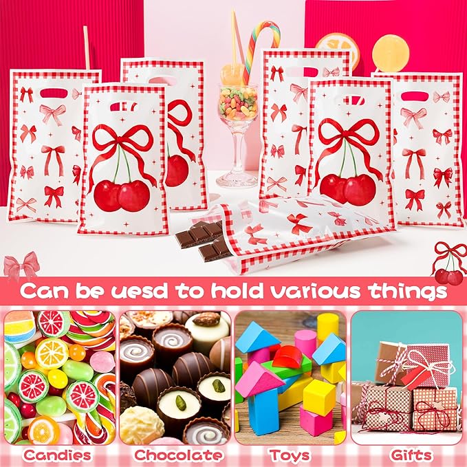 Bow Party Favor Bags - 50Pcs Red Cherry Goody Candy Treat Gifts Bags Bow themed Party Decorations for Kids Girls Women Birthday Wedding Bridal Baby Shower Bachelorette Party Supplies