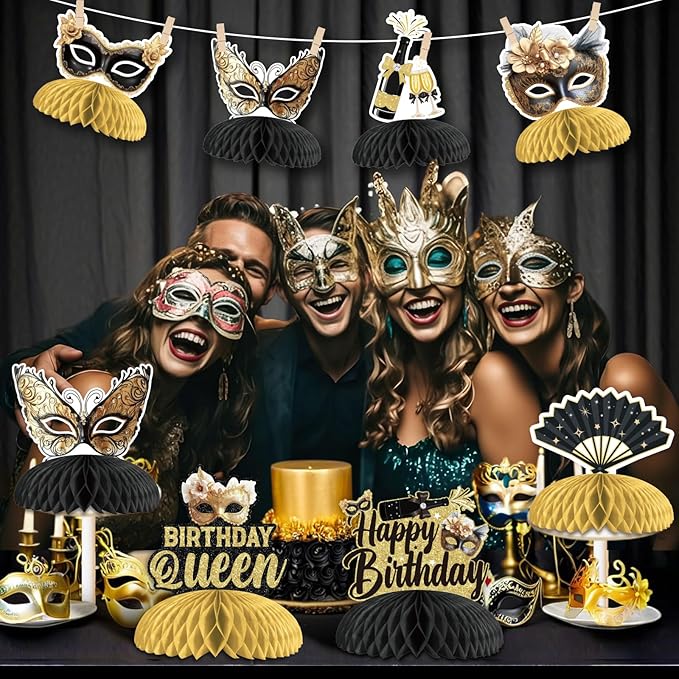 JOYMEMO 8 Pieces Masquerade Birthday Honeycomb Centerpieces Black Gold - Masquerade Ball Themed Party Decorations for Women, Carnival Dance Table Toppers Photography Background Supplies