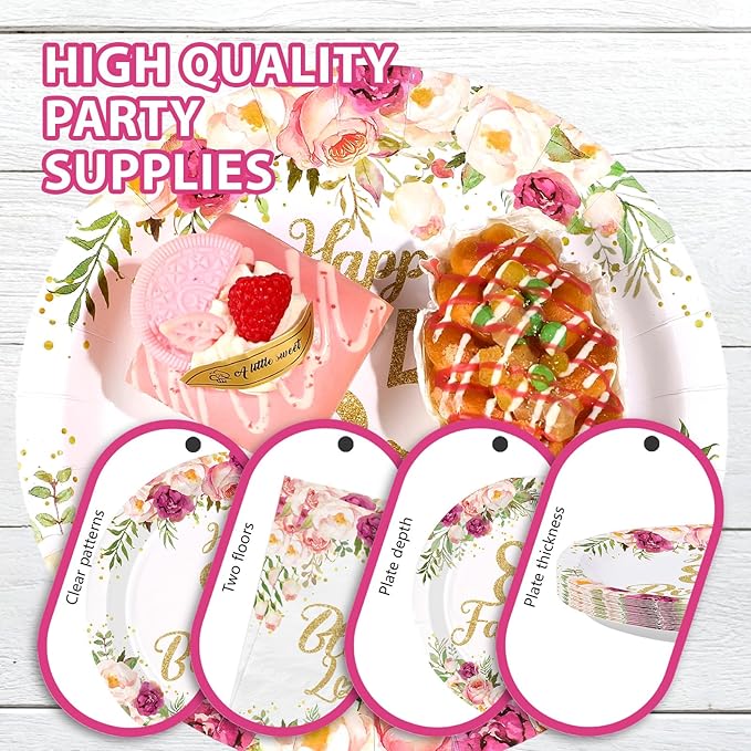 96Pcs 85th Birthday Decorations for Women Rose Gold Floral Party Plates and Napkins Disposable 85th Birthday Gifts Tableware Set for Women Fabulous Party Decorations Serves 24