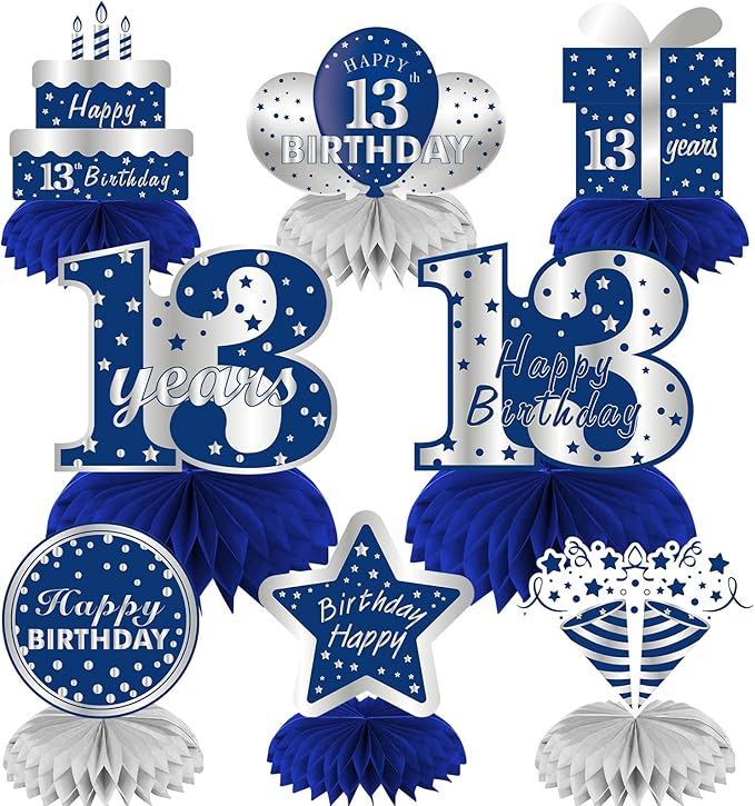 Kauayurk 8Pcs 13th Birthday Decorations Table Centerpiece Party Supplies for Boy, Blue Silver Happy 13 Year Old Birthday Honeycomb Centerpieces Decor, Thirteen Birthday Table Topper