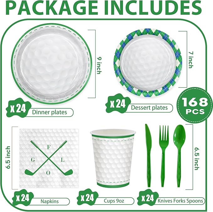 168pcs Golf Birthday Party Supplies Plates Napkins Paper Cups for Golf Sports Themed Decorations Tableware Set for Kids Boys Birthday Decor Serve 24 Guests
