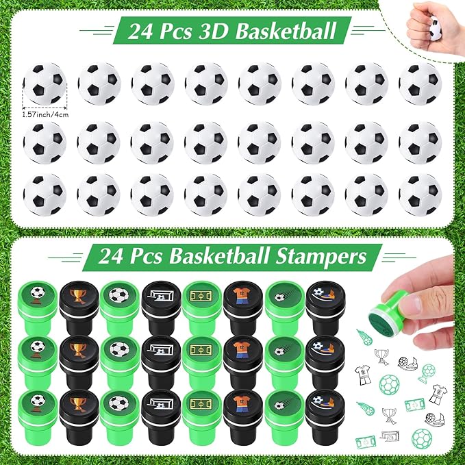 Aoriher 120 Pcs Soccer Sports Party Favors Set Serve 24, Soccer Goodie Bulk Foam Finger Mini Stress Ball Slap Bracelet Charm Bracelet Stamp for Girl Boy Kids Party Supplies